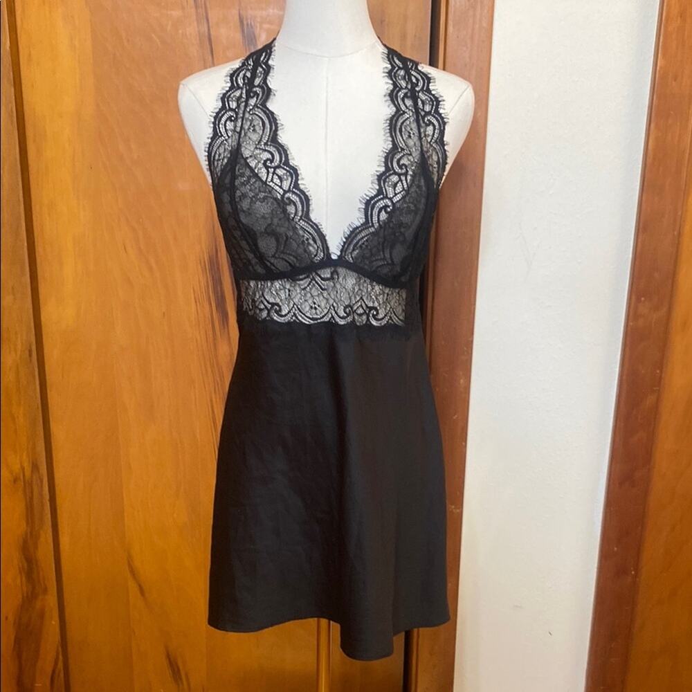 Adore Me Black Lace Chemise Racer style back. 100% Recycled Polyester Side Snaps